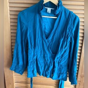 DIANE VONFURSTENBERG peacock blue wrap tie blouse 10